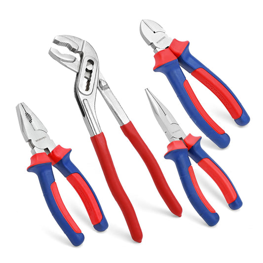 - WORKPRO 4-Piece Pliers Set, 245mm Water Pump Plier, 160mm Long Nose Plier, 160mm Combination Plier, 160mm Side Cutter, Bi-Material Soft Handle