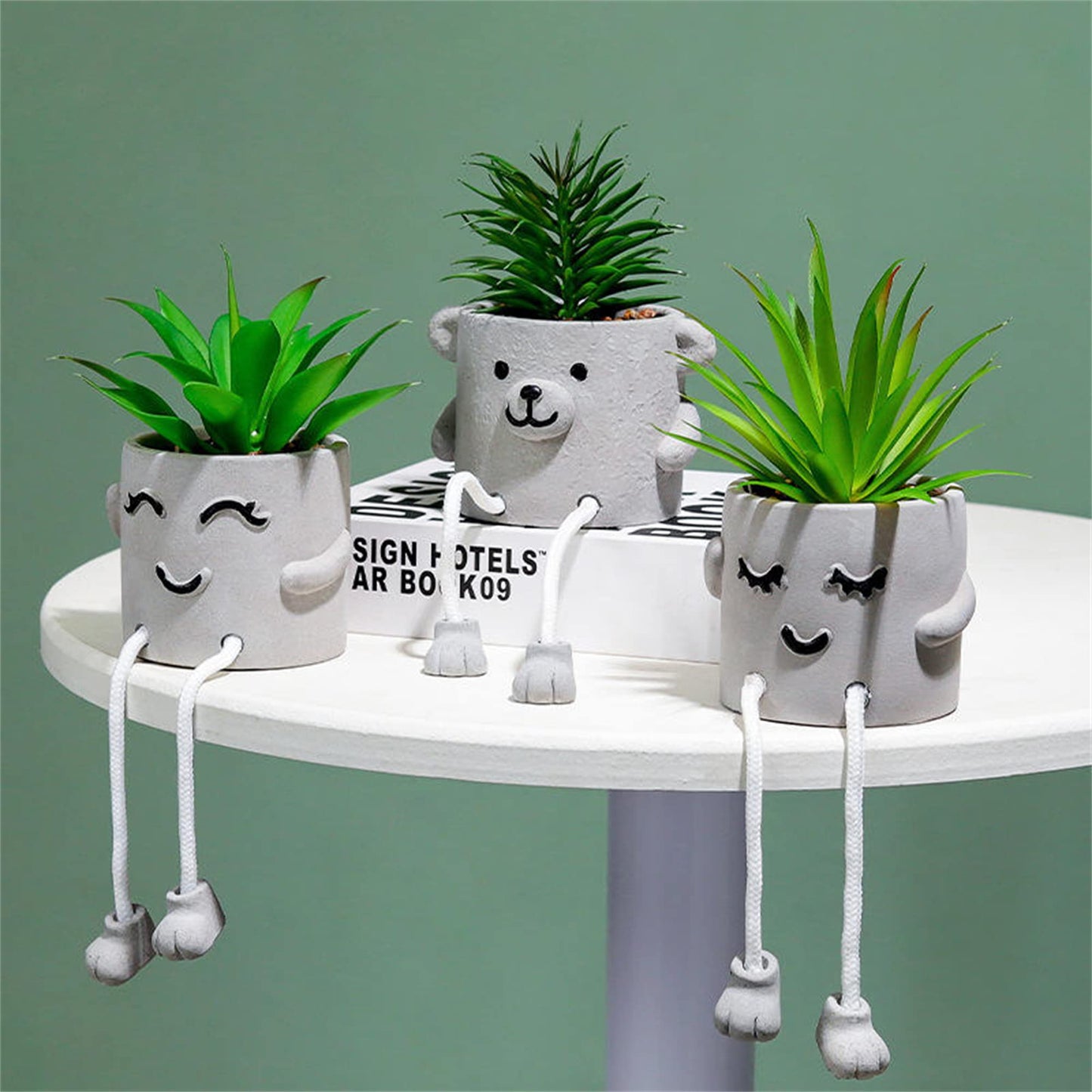 Artificial Plants Indoor, Fake Succulent Plants with Hanging Leg, Plant Pots with Creative Emotional Cement, Faux Plants Home Decor for House Office Bedroom Living Room Table Desk Shelf (2Pcs)