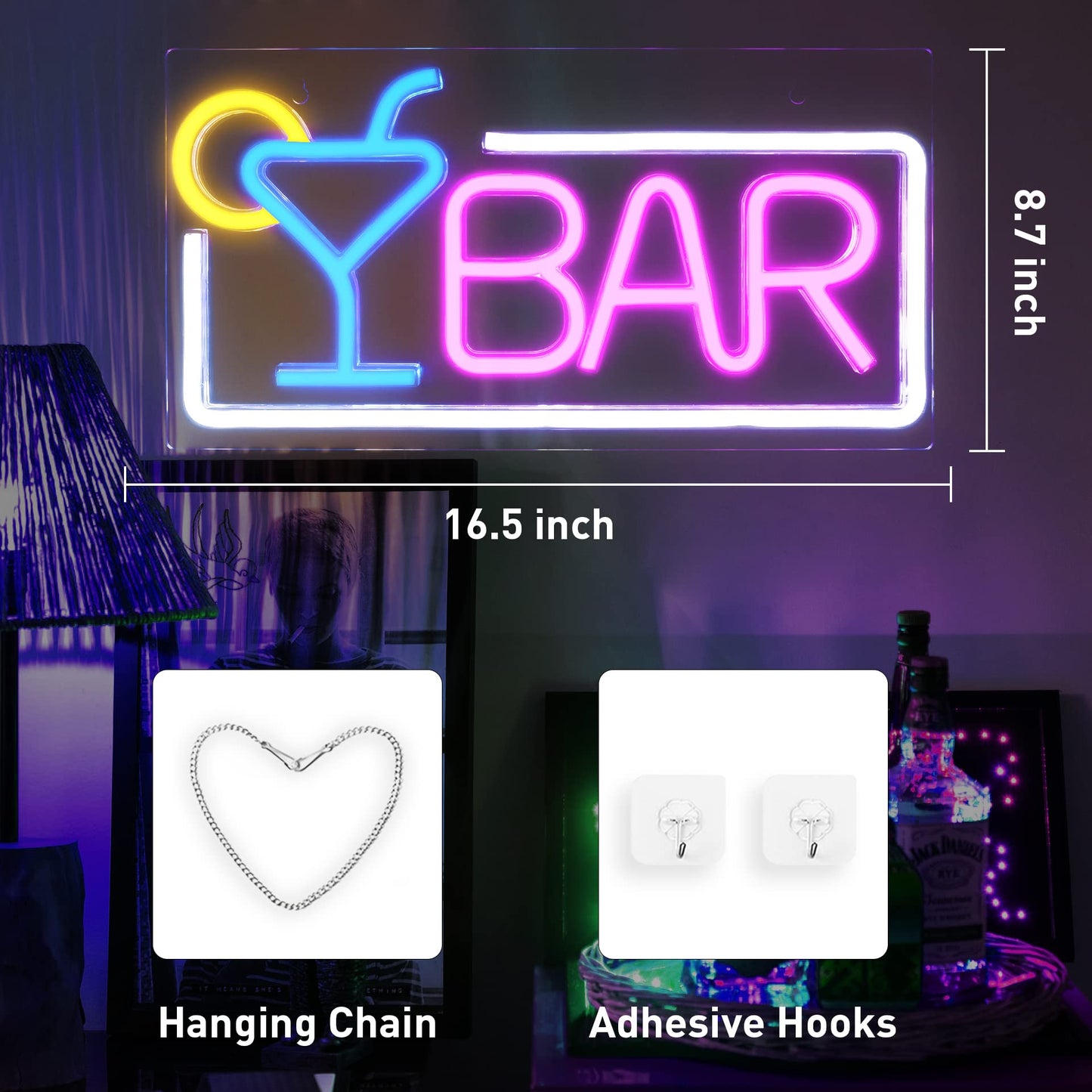 Bar Neon Light Signs for Home Bar, Neon Signs for Wall Decor, Led Neon Light Beer Cocktail USB Powered with Dimmer & Switch, Light Up Neon Wall Signs for Pub Bistro Man Cave Party Gifts, 16.5"×8.7"
