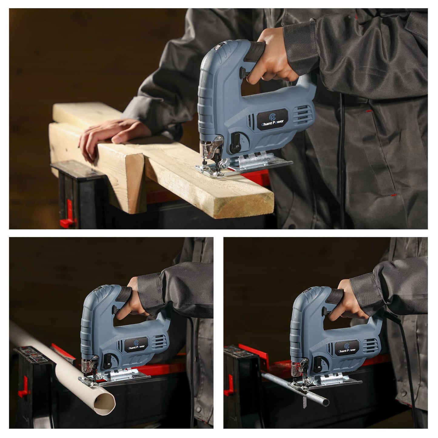 C P CHANTPOWER Jigsaw Tool, 600W 800-3000 SPM Jig Saw with 6 Variable Speed, 4 Orbital Sets, 6 T-Shank Saw Blades, Scale Ruler, ±45°Bevel Cutting Angle