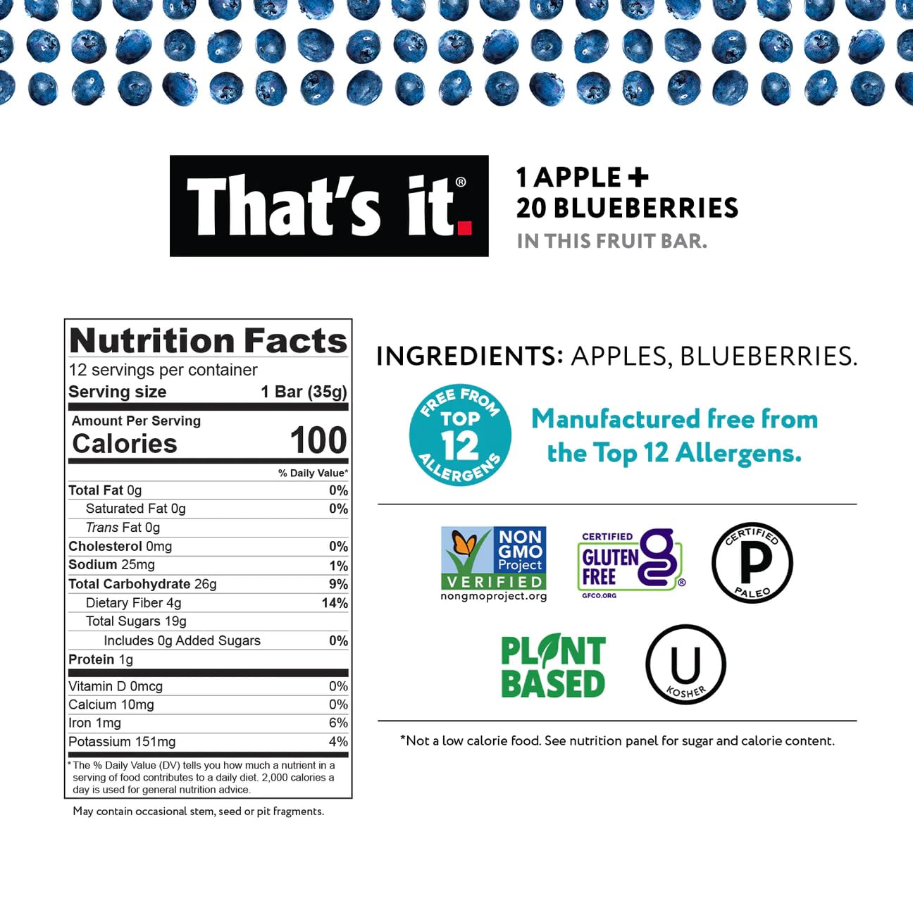 - That's it | Apple + Blueberry 100% Natural Real Fruit Bar | Best High Fiber | Vegan | Gluten Free Healthy Snack -