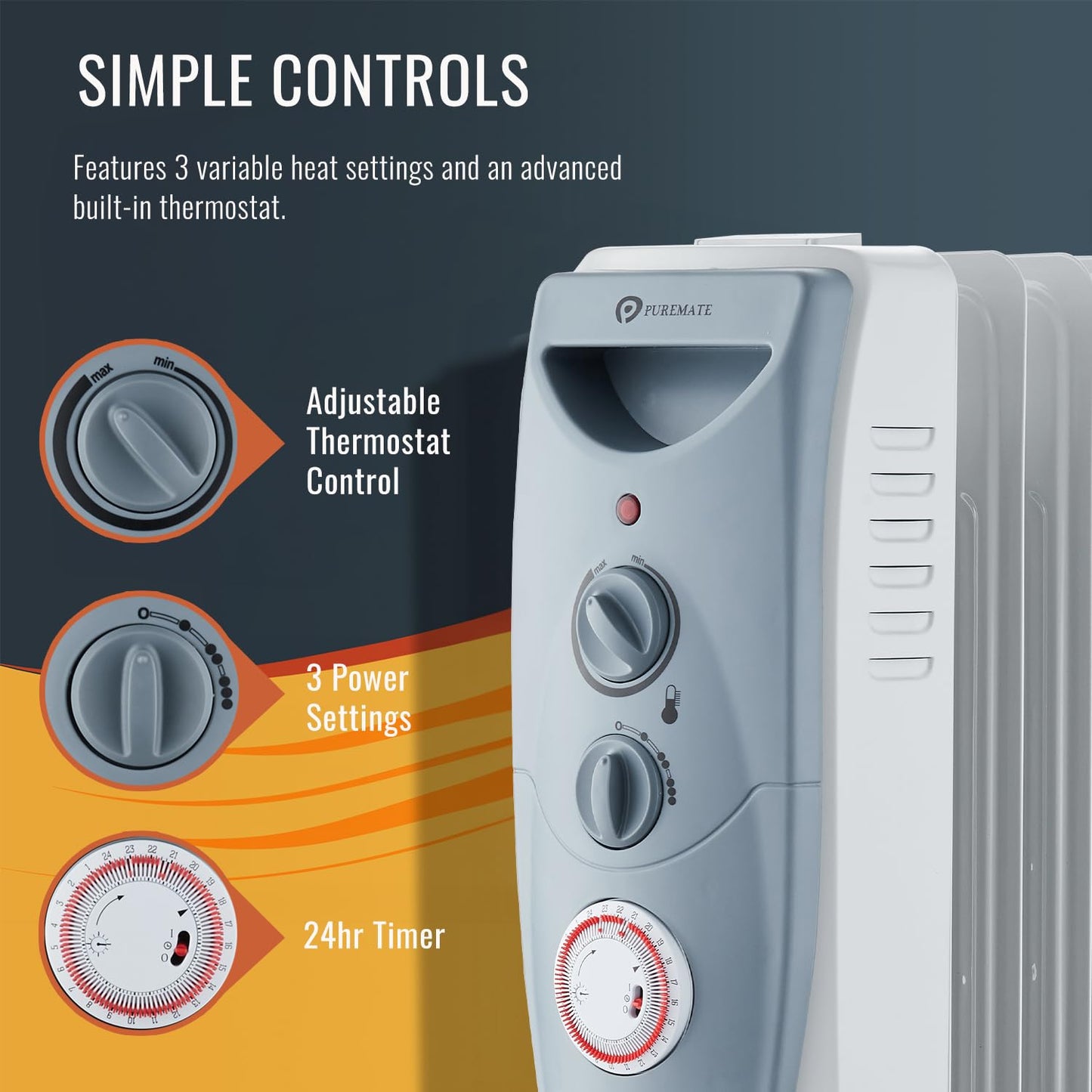 - PureMate Oil Filled Radiator | Portable Electric Heater | Adjustable Temperature and Thermostat -