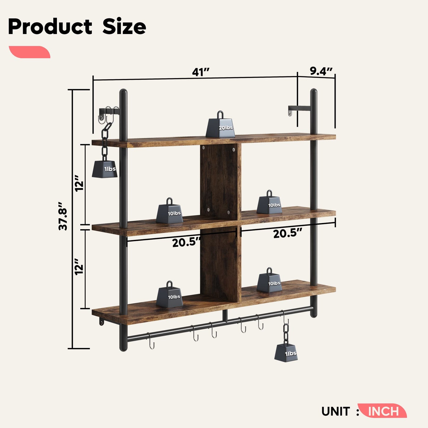 Bestier 3 Tier Floating Pipe Shelving 115CM Industrial Wall Mounted Ladder Shelf Hanging with Circular Tube with Hooks Wood Display Storage Home Decor Book Shelves for Living Room Kitchen Balcony