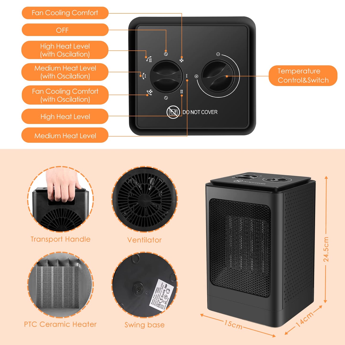 - Portable Space Heater | Fan Heaters for Home Low Energy Silent | 750W / 1500W -