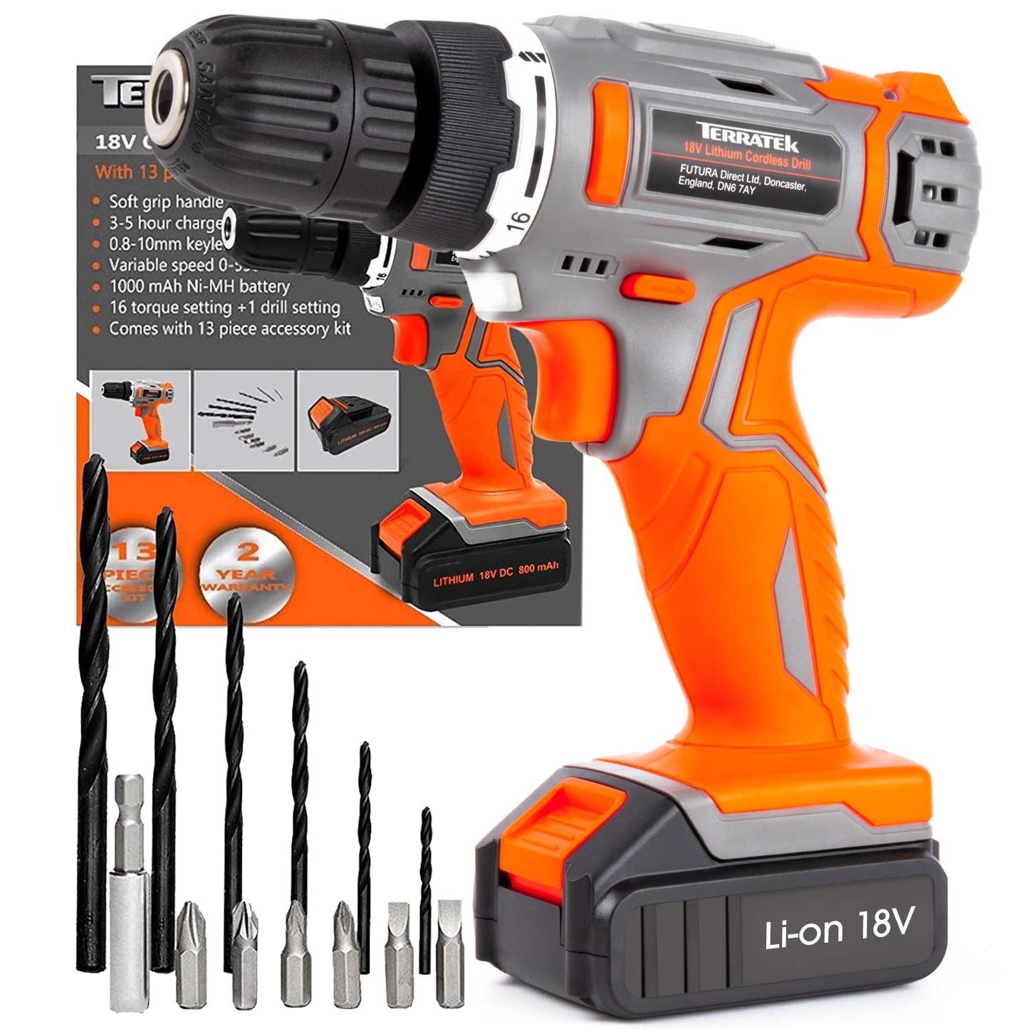 - Terratek Cordless Drill Driver 18V Lithium-Ion | 13Pc Electric Screwdriver Set -