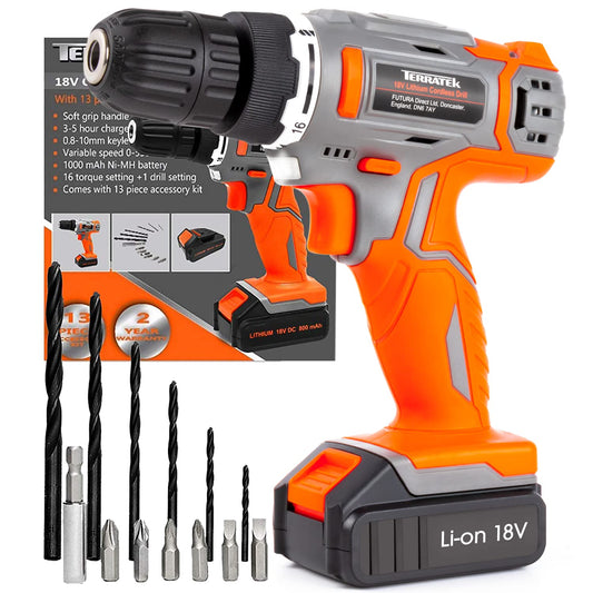 - Terratek Cordless Drill Driver 18V Lithium-Ion | 13Pc Electric Screwdriver Set -