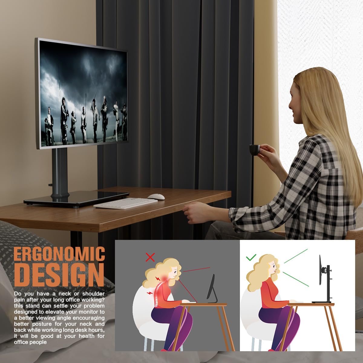 - Single LCD Computer Monitor Free-Standing Desk Stand Riser | 13 inch to 32 inch Screen -