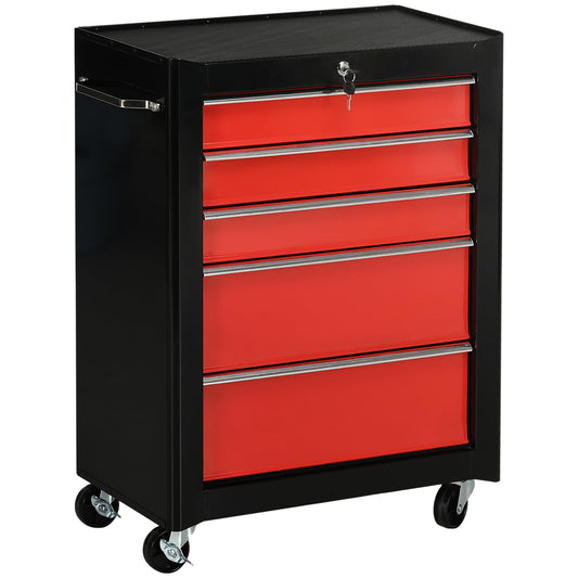 - HOMCOM 5-Drawer Lockable Steel Tool Storage Cabinet | Wheels | Handle 2 Keys | Organisation Box -