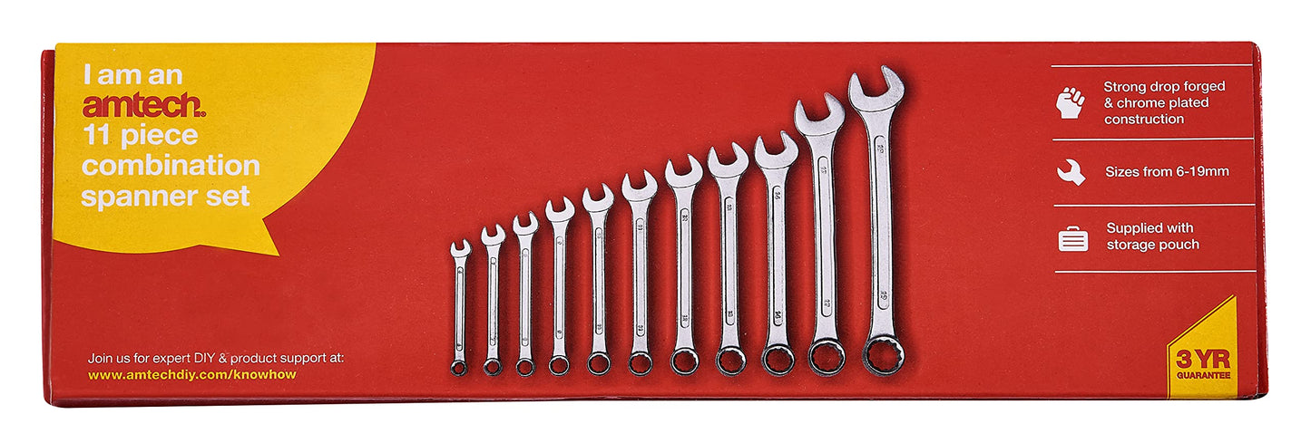 Amtech K0400 Combination Spanner Set, Drop Forged and Chrome Plated Spanners, 6mm to 19mm