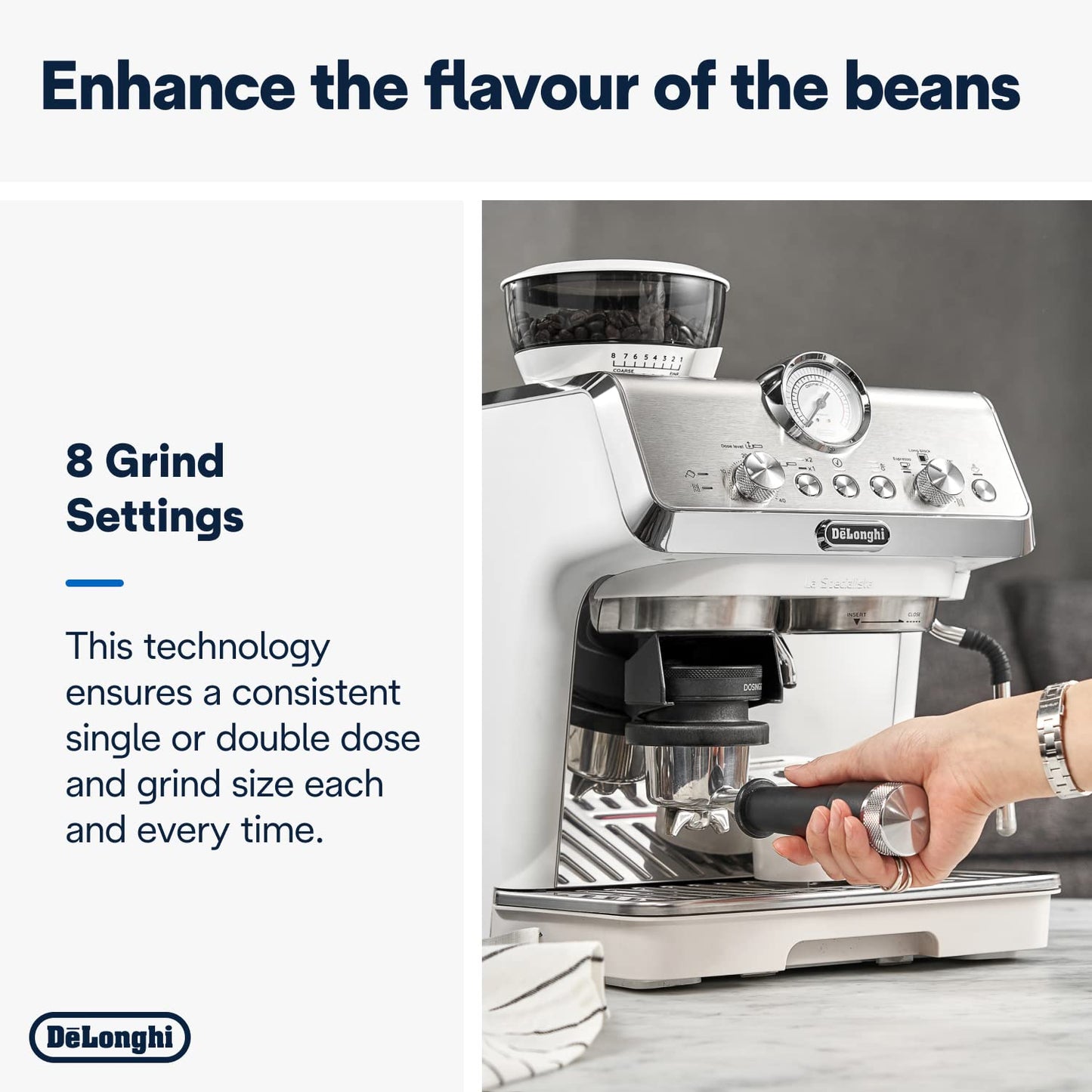 De'Longhi La Specialista Arte EC9155.W, Barista Pump Espresso Machine, Bean to Cup Coffee and Cappuccino Maker, 8 Grinding Settings, MyLatte Art Frothing Wand, 1550W, White