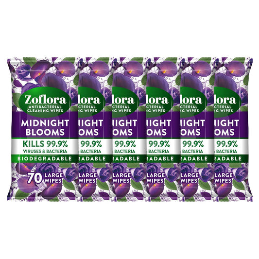 - Zoflora Midnight Blooms Biodegradable Wipes, Antibacterial Multi-surface Cleaning Wipes, Kills 99,9% of Bacteria & Viruses, Convenient, Quick Cleaning, 6 Pack, 70 Wipes per Pack (420 Sheets)