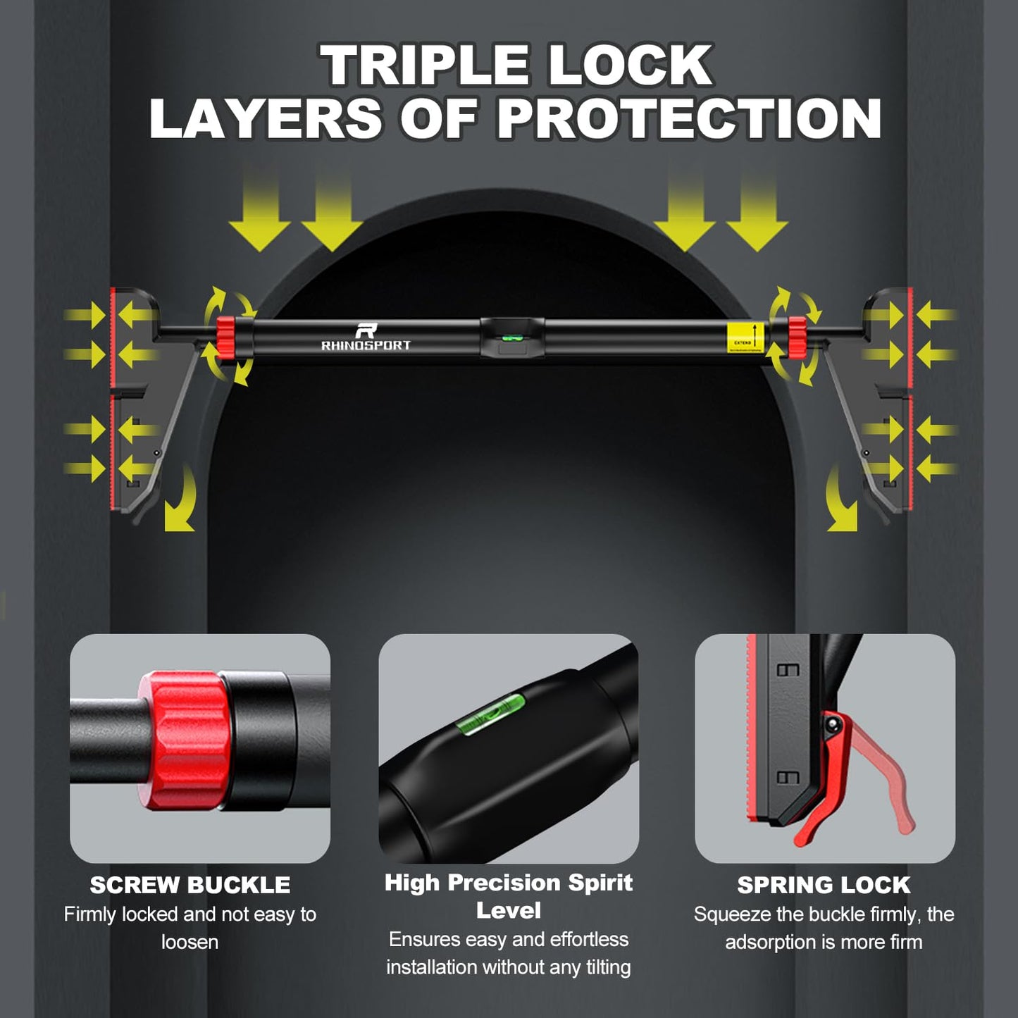 - RHINOSPORT Door Pull Up Bar |Chin Up Bar from 76-95 cm (29.9in-37.4in) | Load Bearing 881LBS -