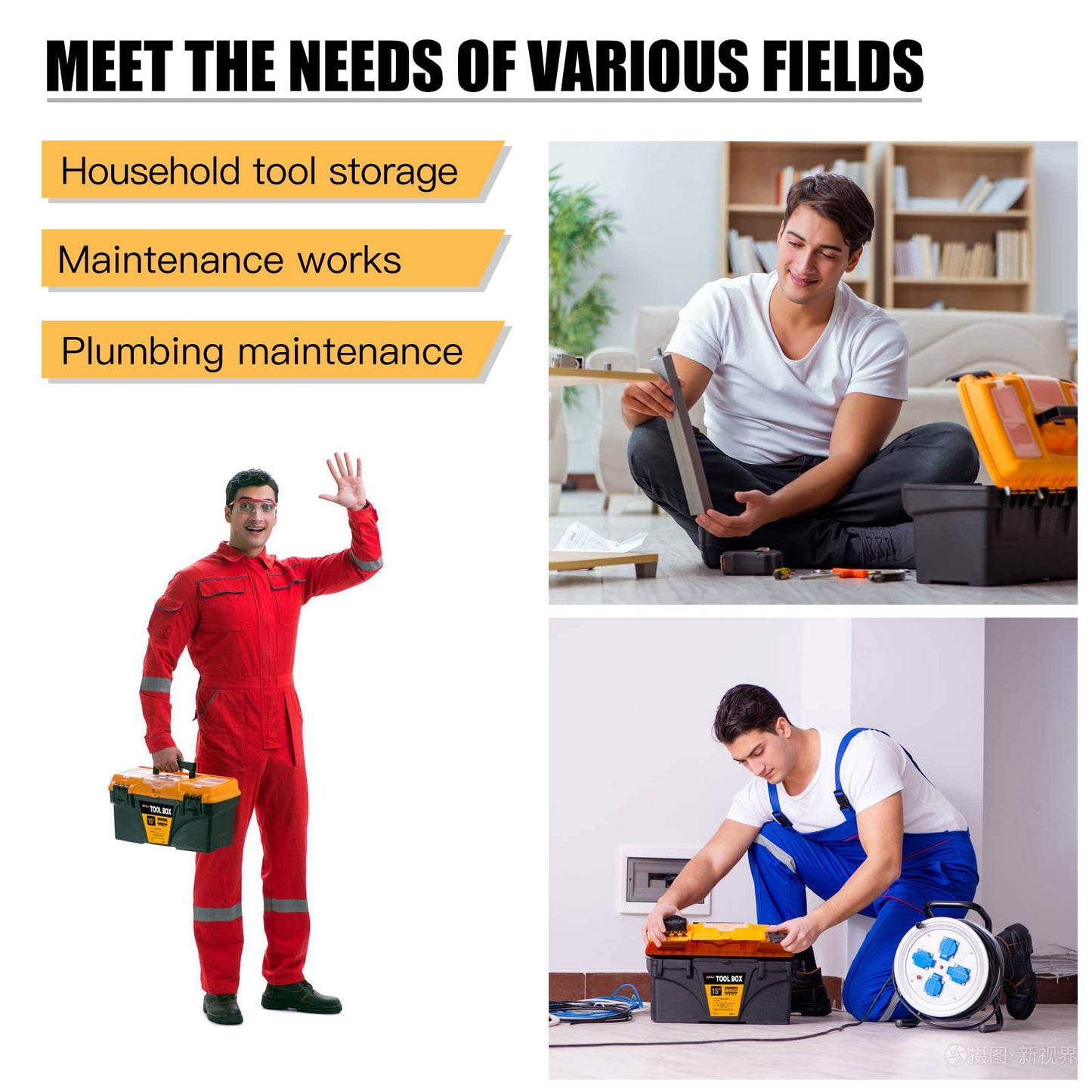 AIRAJ 15" Tool Box with Double Locking Buckle, Lightweight Plastic Tool Box with Removable Tray and Small Parts Box,Portable Tool Storage Box for Tools(38.1 * 22 * 19.5cm)