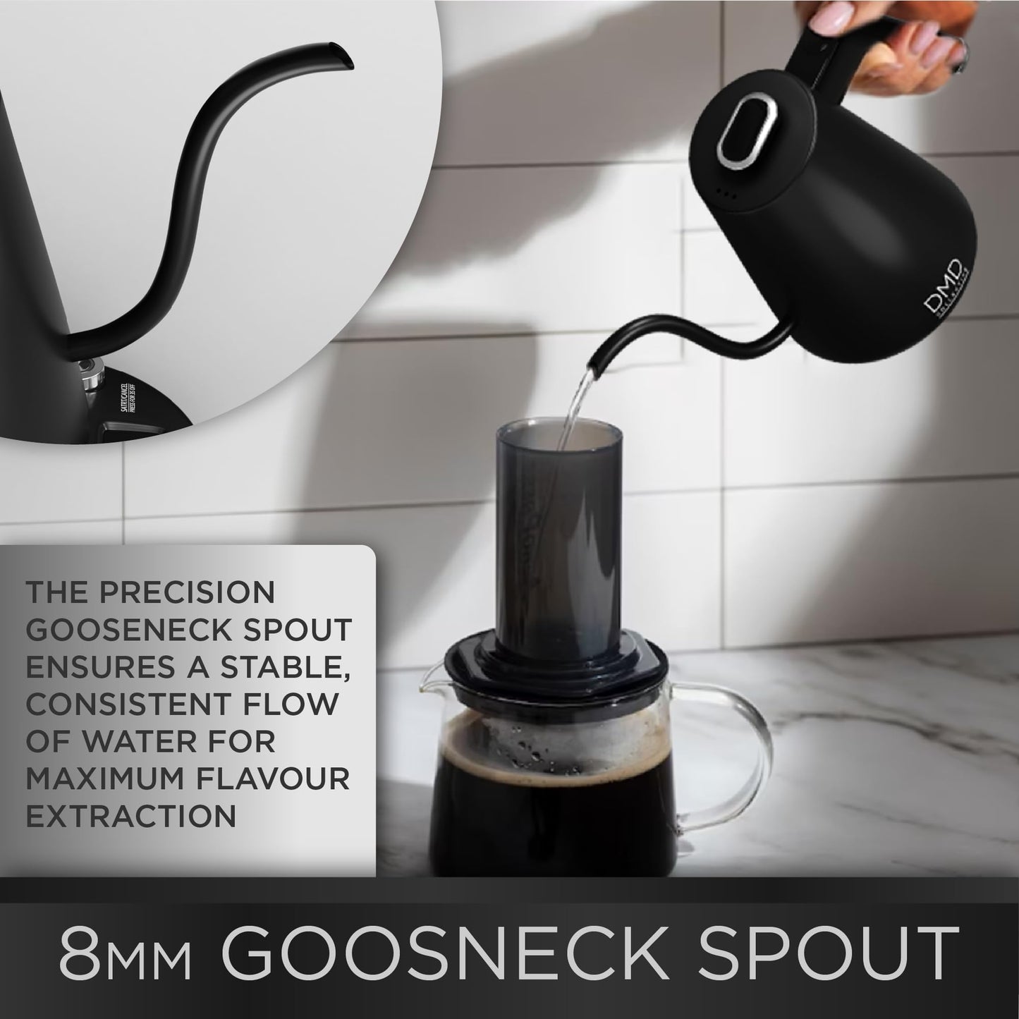 - DMD® | Electric Gooseneck Kettle Digital Display | Pour-Over Kettle, 8mm Spout | Coffee and Tea Kettle 1L Energy-Efficient | 40-100°C Temp Control -