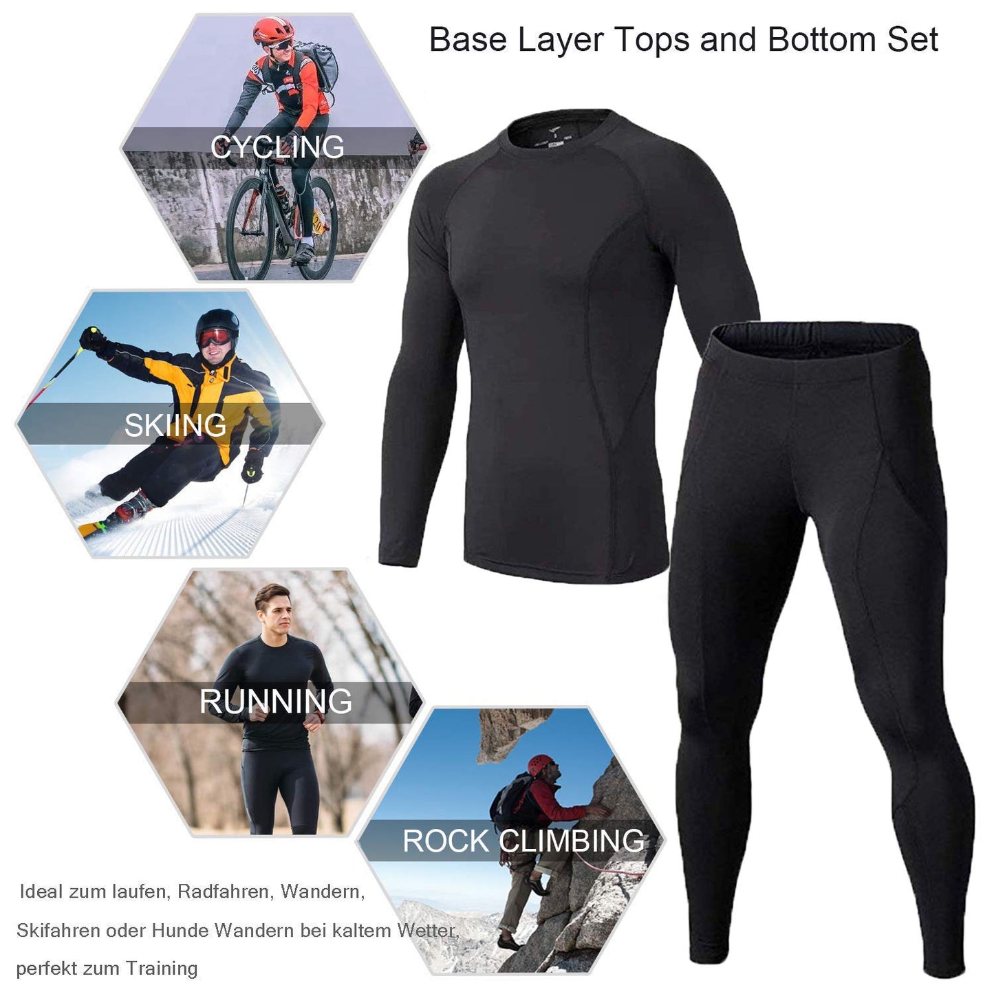 BUYKUD Men's Long Sleeve Base Layer Compression Athletic Underwear Shirt Tights Top & Bottom Set, L(69-71 inch,154-176lb), Black