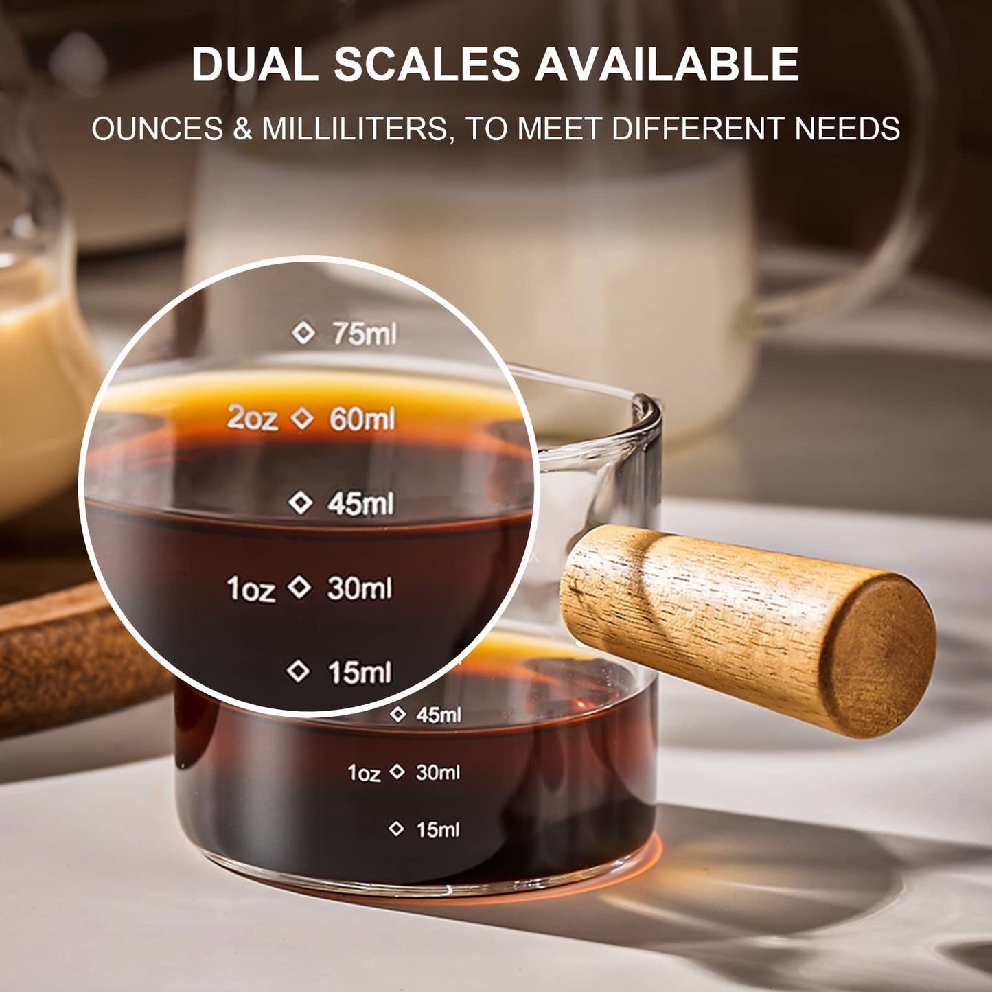 - PARACITY Espresso Cups with Wood Handle | Double Spout Glass Measuring Cup with Dual Scale -