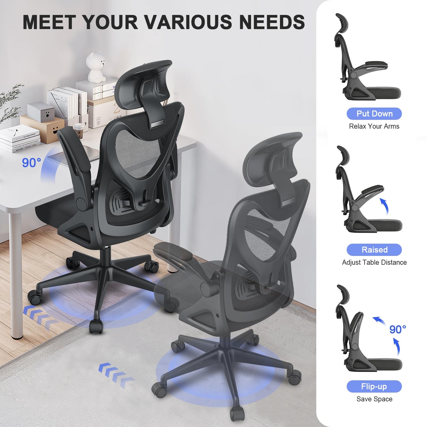 BareTay Office Chair Ergonomic Desk Chair with Lumbar Support Headrest Adjustable, Padded Flip-up Armrests Comfy Seat Cushion Mesh Office Desk Chair High Back Task Chair Swivel Computer Chair