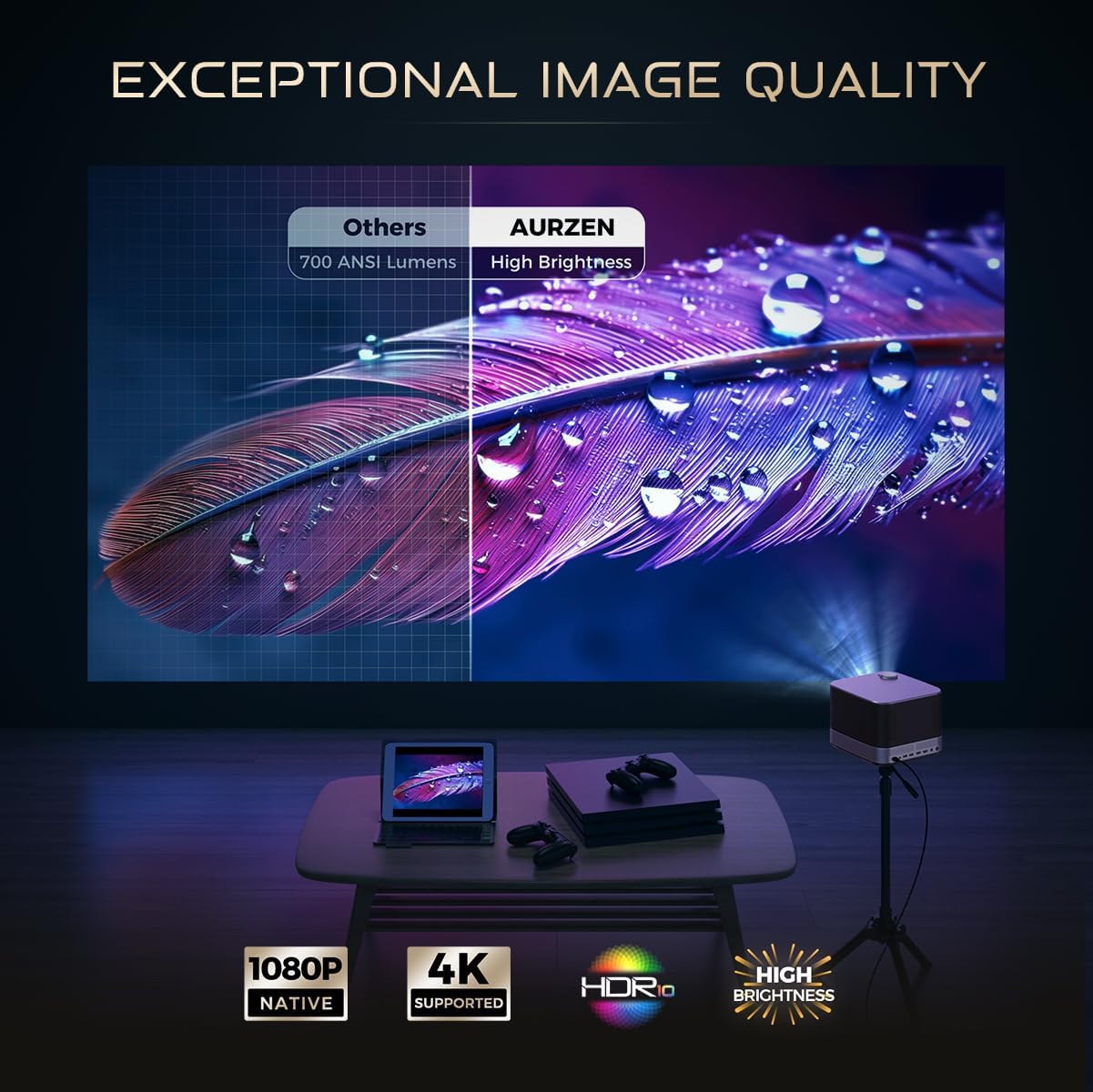 All-ln-One Projector 4K, AURZEN Boom 3 Smart Projector with WiFi and Bluetooth, 3D DoIby Audio & 36W Speakers, AI Auto Focus & Keystone, Netflix Official 4K Supported Home & Outdoor Projector