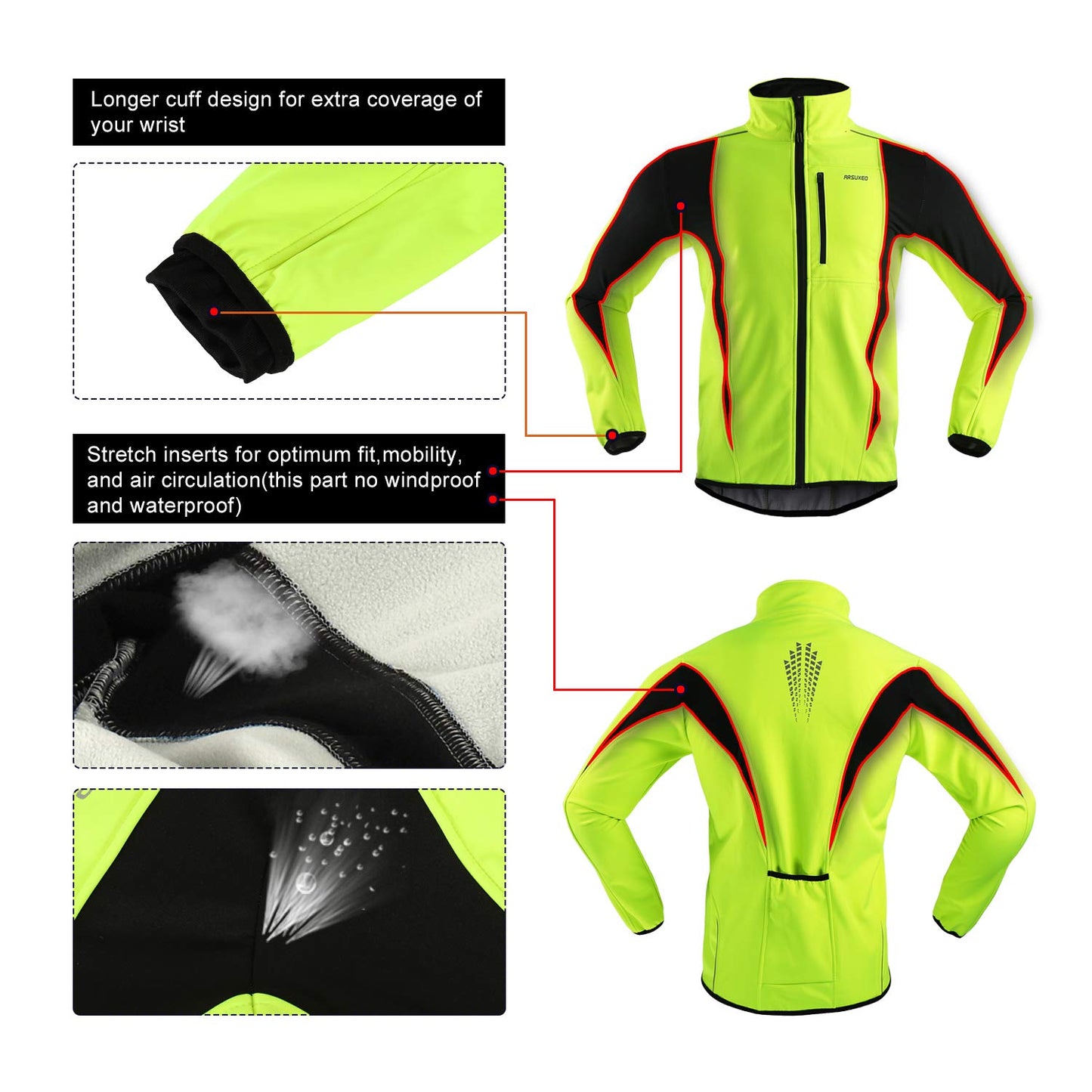 ARSUXEO Cycling Jacket Mens Waterproof Windproof Softshell Winter Thermal Breathable Bike Outerwear 15K Green Size Large
