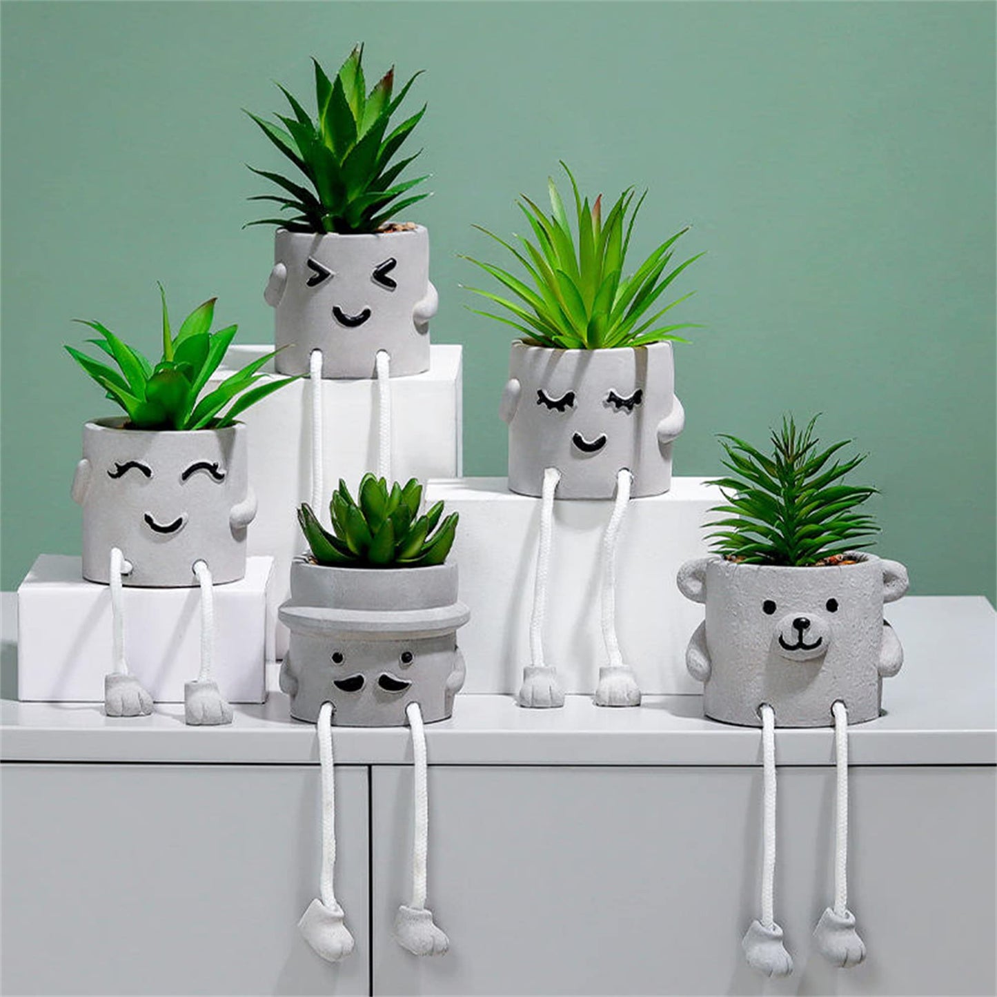 Artificial Plants Indoor, Fake Succulent Plants with Hanging Leg, Plant Pots with Creative Emotional Cement, Faux Plants Home Decor for House Office Bedroom Living Room Table Desk Shelf (2Pcs)