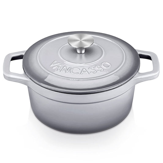 - Vancasso Dutch Oven, 2L Grey Cast Iron Pot with Stainless Steel Knob Lid, Naturally Non-Stick - 20cm -