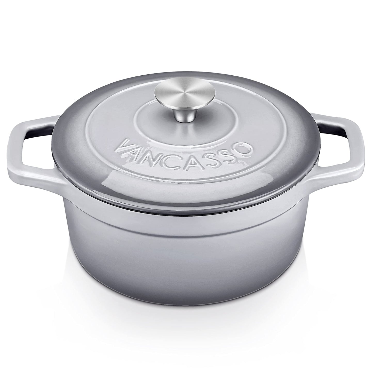 - Vancasso Dutch Oven, 2L Grey Cast Iron Pot with Stainless Steel Knob Lid, Naturally Non-Stick - 20cm -