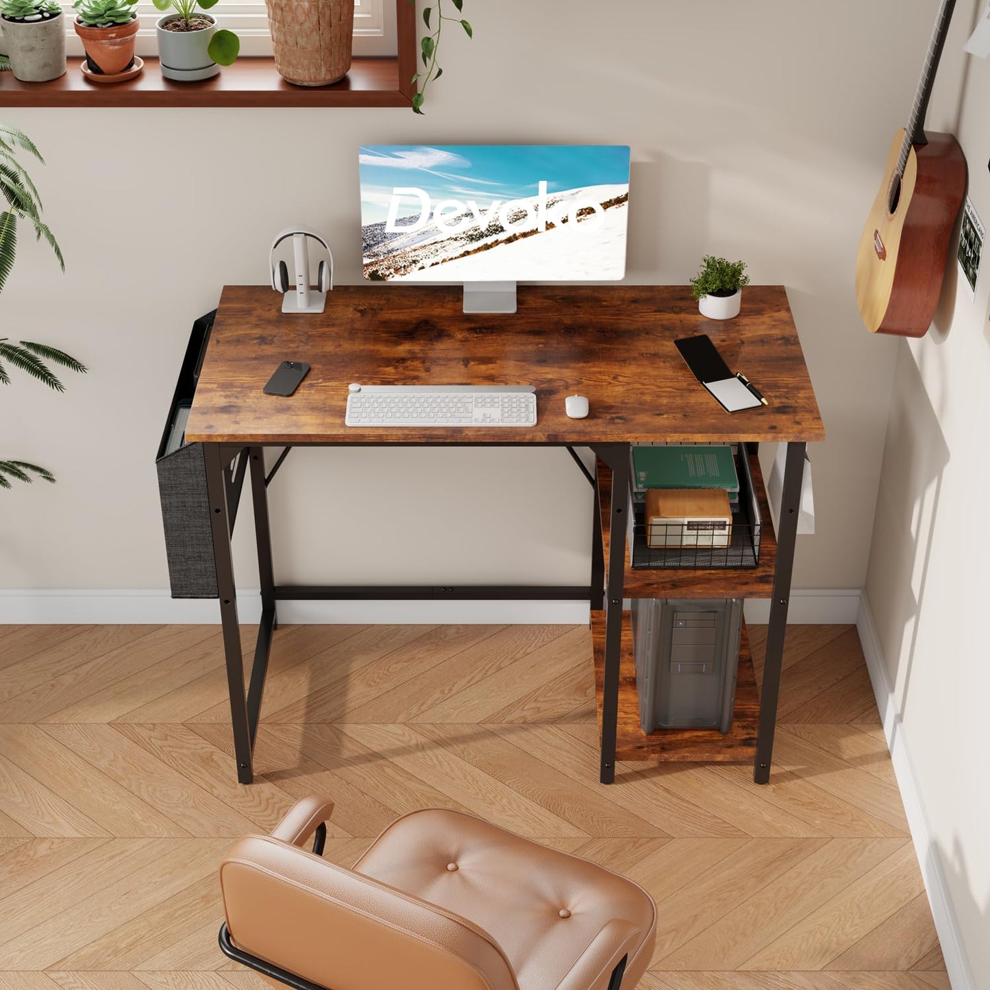 Devoko 100cm Computer Desk with Storage Shelves, Study Writing Desk Small Desks for Small Spaces, Home Office desk, Laptop Table for Home Workstations, Side Pocket Storage Bag, Rustic Brown