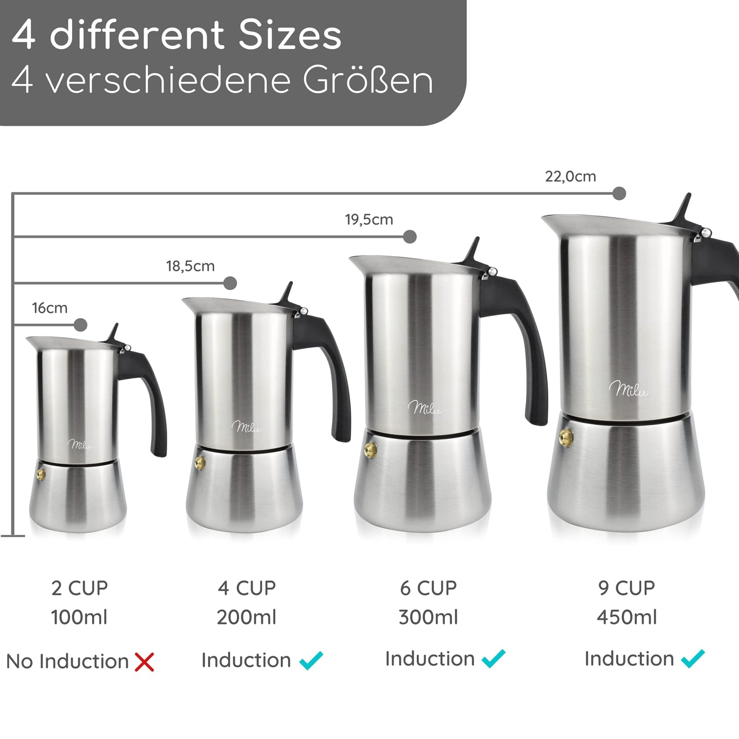 - Milu Espresso Maker Induction Hob | 2, 4, 6, 9 Cup| stainless steel Espresso Pot -