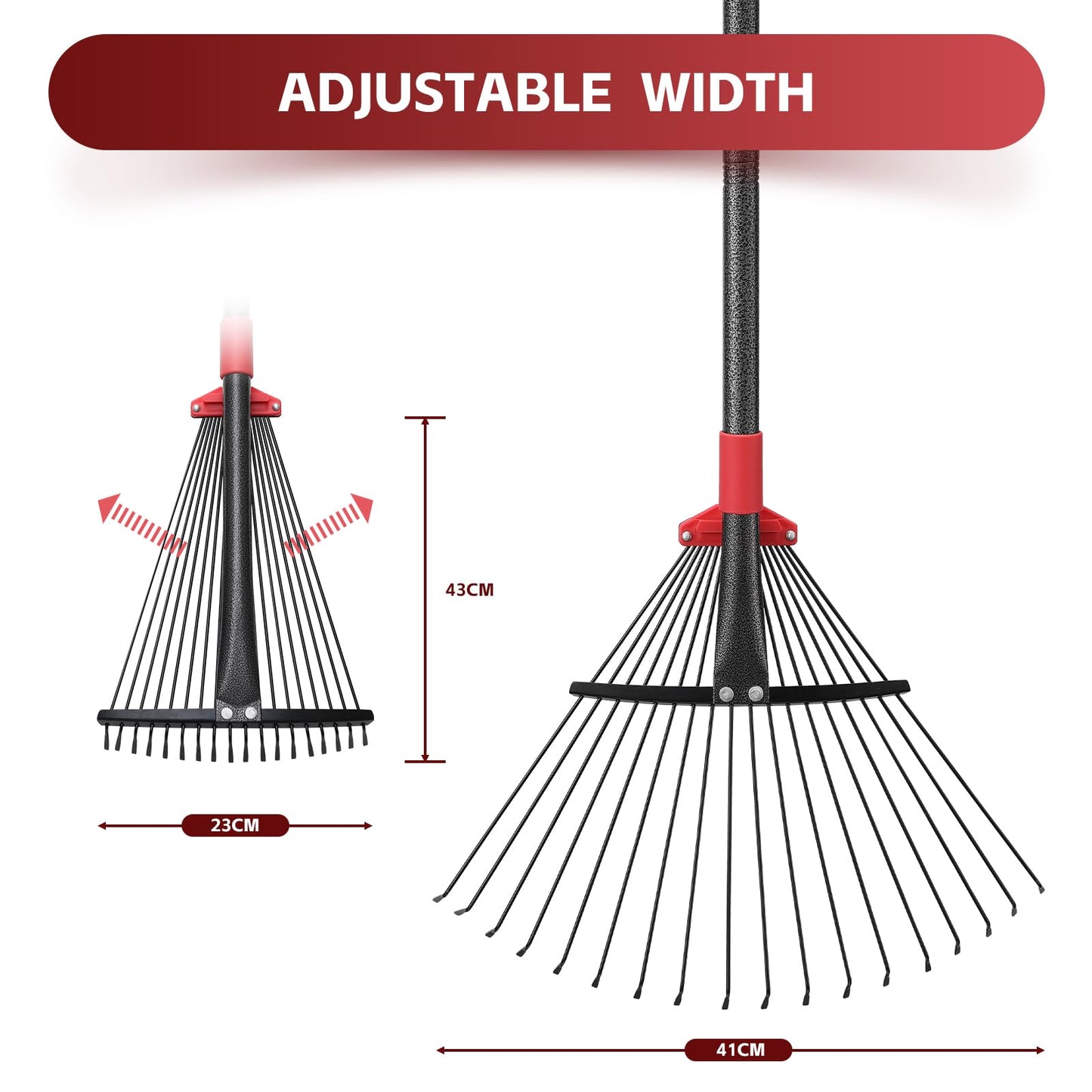 - Garden Leaf Rakes for Lawns Heavy Duty | 23-41 cm Adjustable Rake Head | 82-154 cm Adjustable Long Handle | Metal Rake Tool for Gardening Camping Clear Collect Leaves Debris | 18 Anti-Rust Metal Tines -