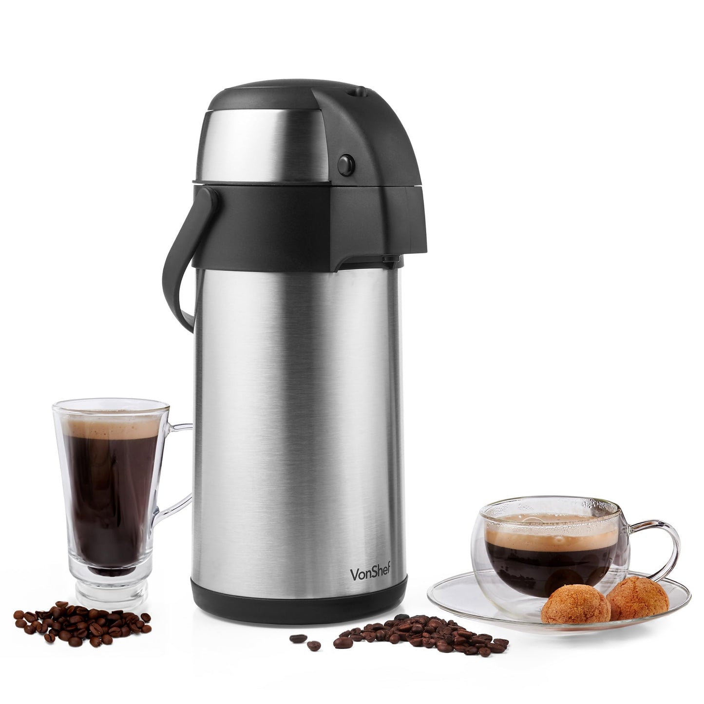 - VonShef Airpot, 3L Stainless Steel Coffee Dispenser with Vacuum Pump