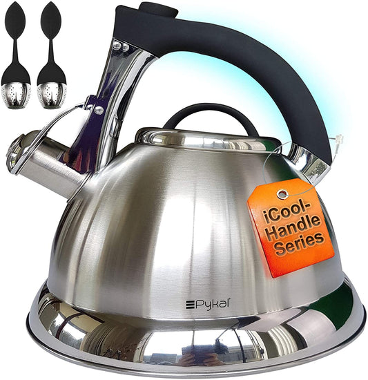 - Pykal Whistling Tea Kettle for Stove Top | 2.8l | Stainless Steel iCool Handle Tea Pot -