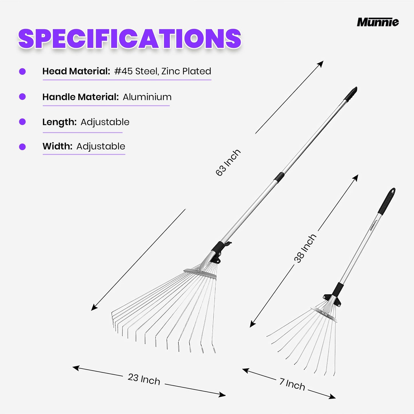 - Munnie 38-63 inch Garden Rake | Adjustable Soil Rake with 25 tines | Moss Rake for Quick Clean Up -