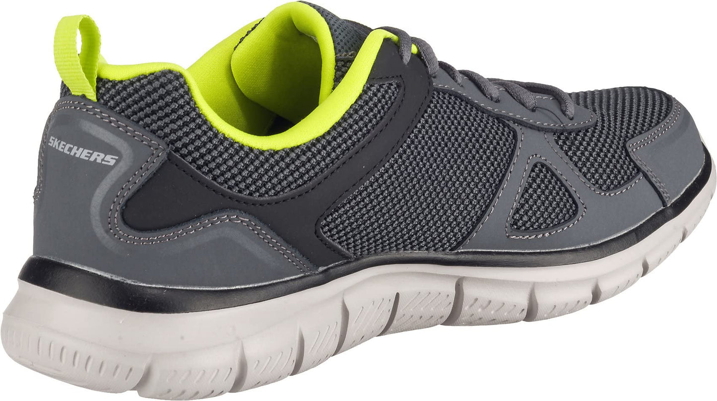 - Skechers Men's Track Bucolo Trainers | Charcoal Black Leather Mesh Lime Trim -
