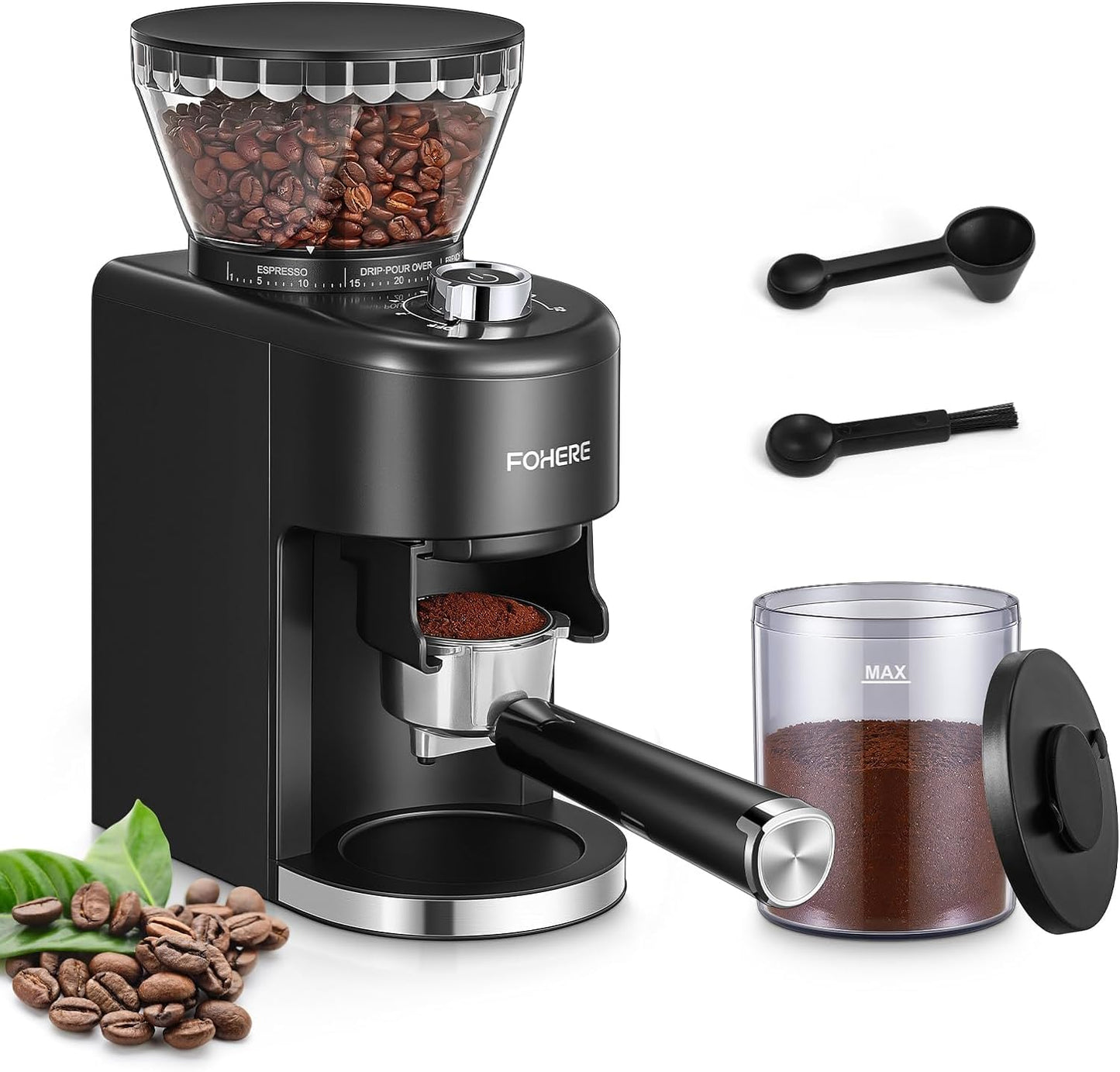 - FOHERE Anti-static Conical Burr Coffee Grinder | Adjustable Burr Mill with 35 Precise Grind Setting | Espresso, Drip Coffee, French Press, Black -