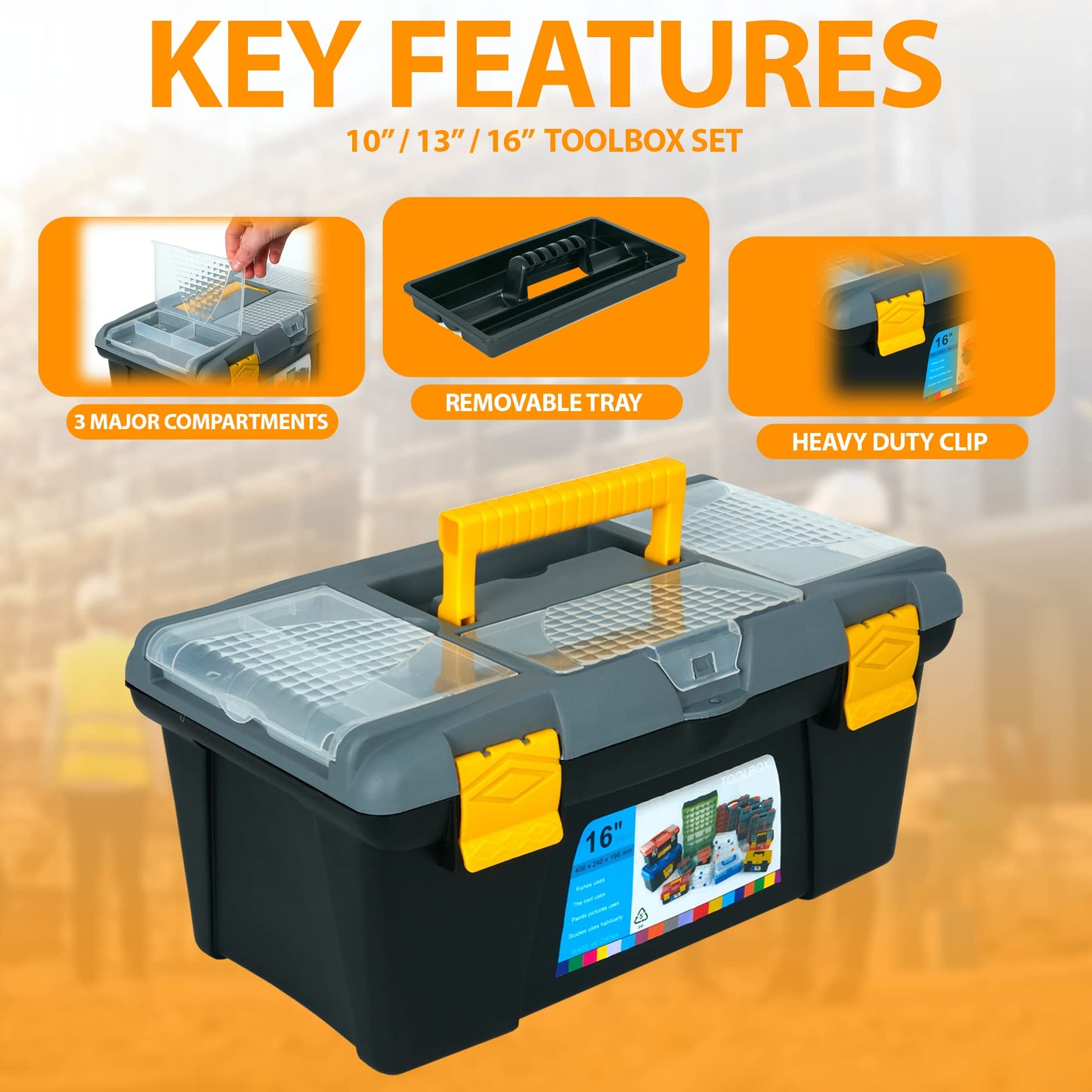 - ZENO 3 Piece Plastic Toolbox Organiser Set