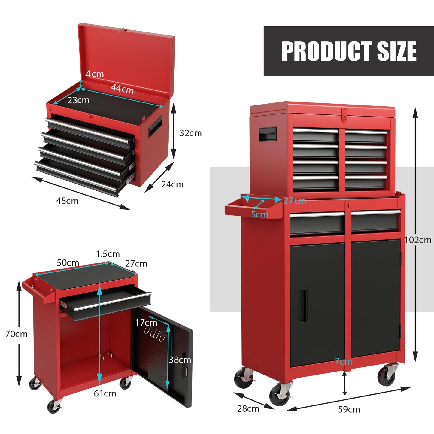 COSTWAY Large Rolling Tool Cabinet, 2-in-1 Detachable Metal Tool Chest with Drawers, Wheel, Handle, Hooks & Pegboard, Lockable Tool Box Trolley for Garage Workshop (with Adjustable Shelf, Red+Black)