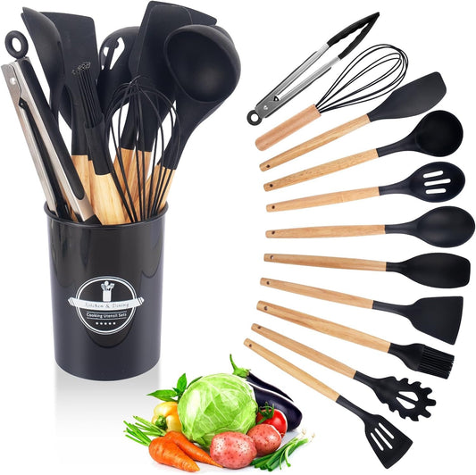 12 - Piece Silicone Cooking Utensils Set with Wooden Handle, Dishwasher Safe, Heat Resistant, Nonstick Cookware Tongs Spatula Spoon Set, Best Kitchen Tools (Black)