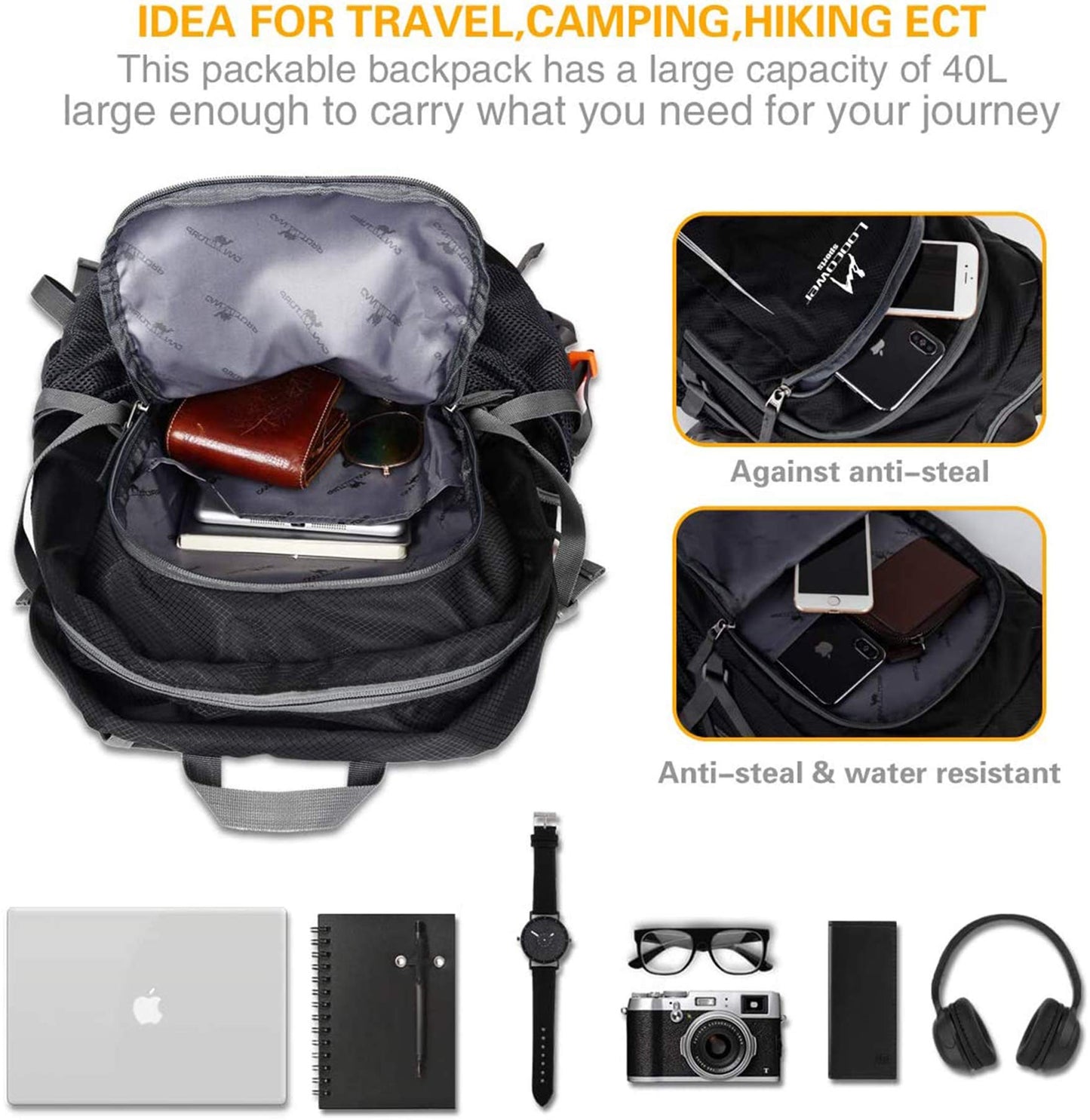 - Loocower 45L Lightweight Foldable Backpack | Walking Rucksack | Hiking Daypack -