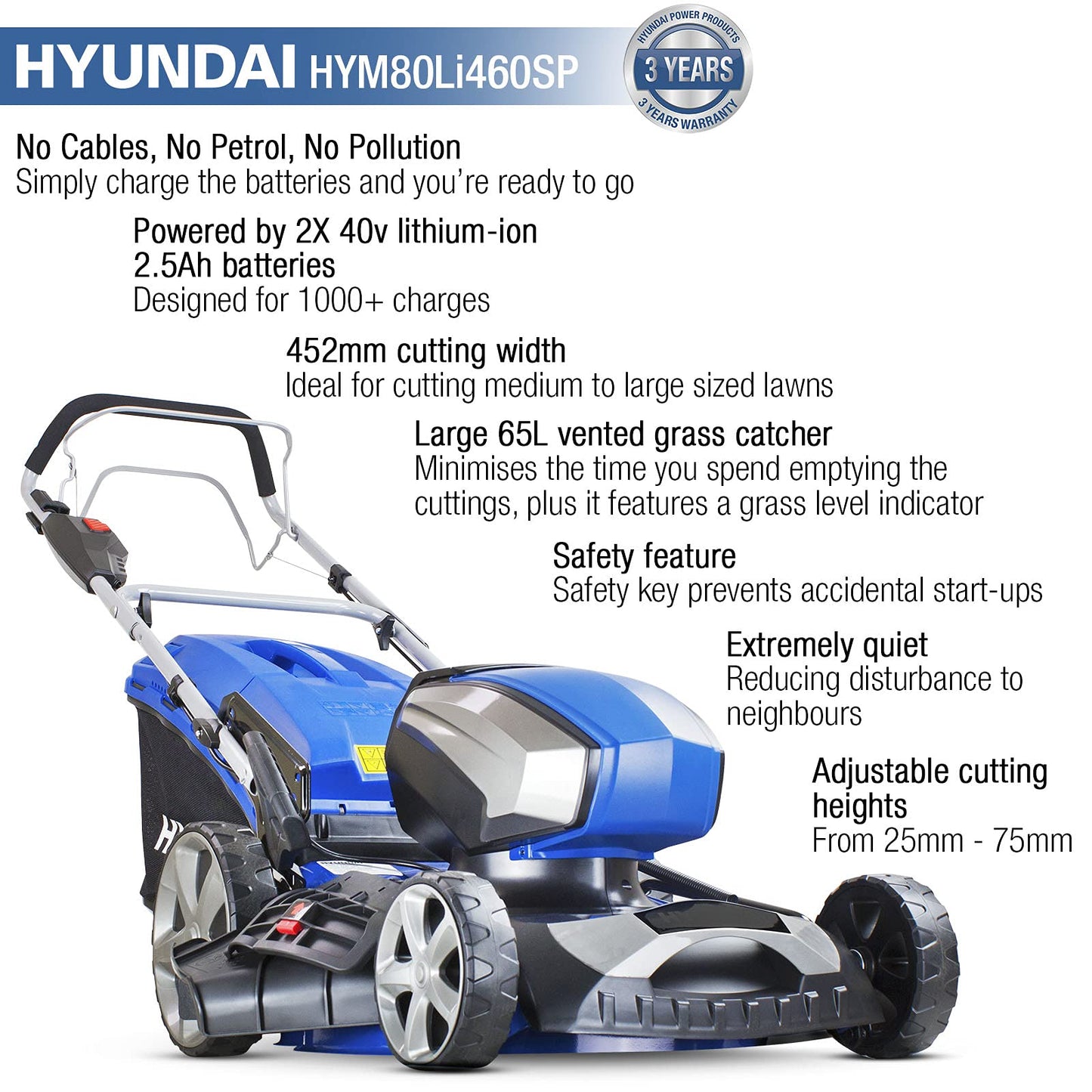 - Hyundai 18"/45cm Cordless 80v | Lithium-Ion Battery | Self Propelled Lawnmower with Battery and Charger | 6 Cutting Heights | 65l Grass Collector | Foldable Handles -