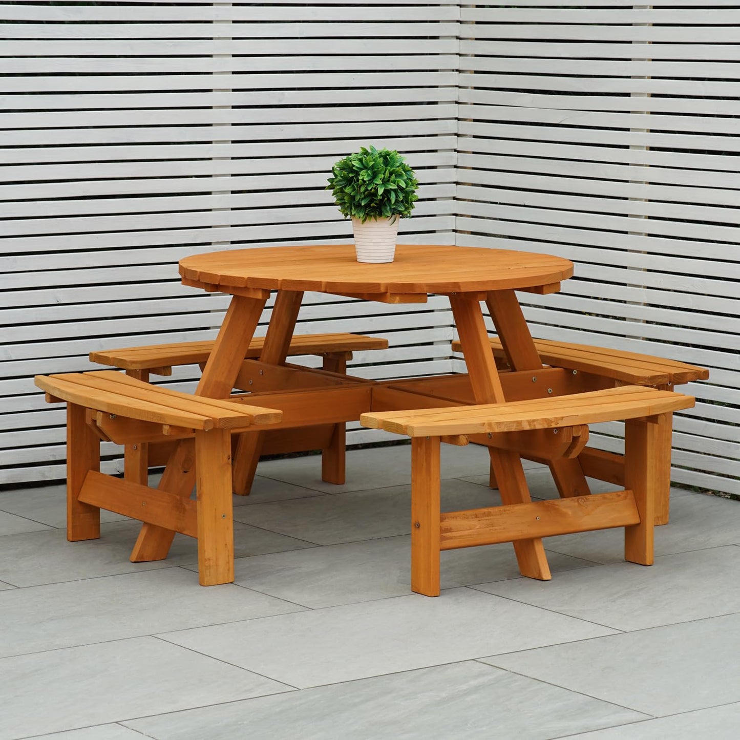 - Maribelle 8 Seater Stained Pine Round Wooden Bench/Picnic Table | For Garden, Pub, Patio -