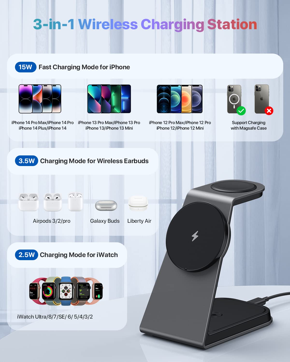 3 in 1 Mag-Safe Wireless Charging Station,Aluminum Alloy Magnetic 18W Fast Charger Stand Compatible with iPhone 15/14/13/12 Series,Apple Watch Series,Airpods 3/2/pro