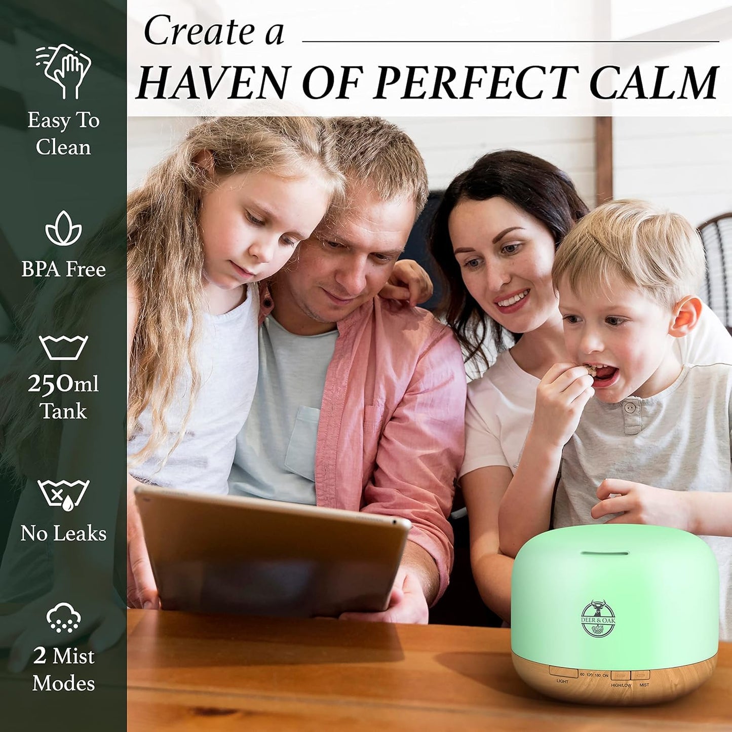 Deer & Oak - 500ml Aromatherapy Diffuser Humidifier - Essential Oil Diffusers For Home - Air Humidifiers - 7 LED Light Colours - Remote Control - Timer & Auto Empty Shutdown - Aroma Air Diffuser