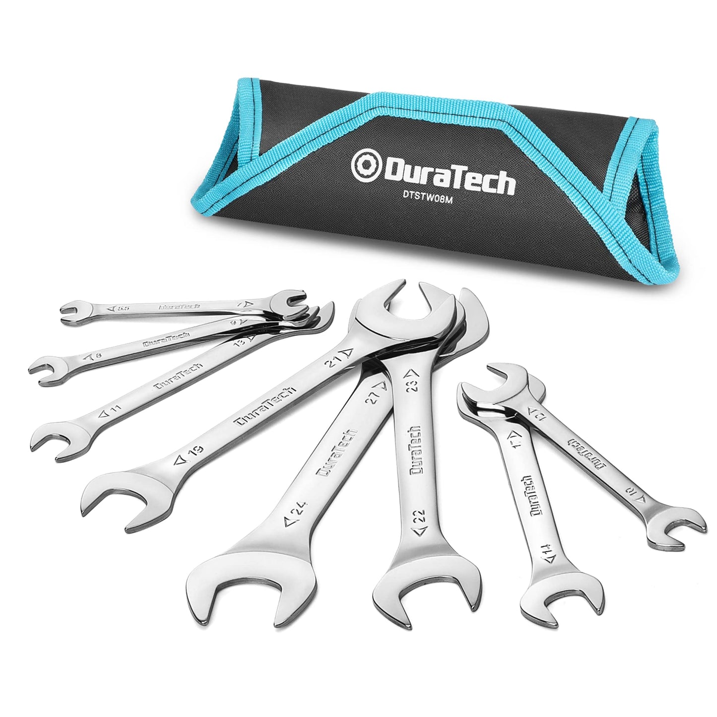 - DURATECH Double Open End Spanner Set | Super-Thin Open Ended Wrench Flat Spanner Set for Narrow Space | Carbon Steel, Mirror-Chrome Plated | 8-Piece | Metric | 5.5 mm-27 mm | Carry Pouch -