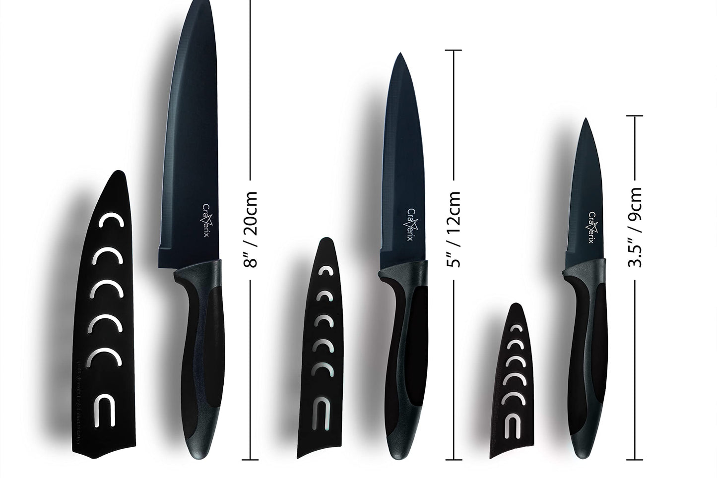 Craverix Professional Kitchen Knife Set - All Purpose 3PCS Black Kitchen Knives (Chef, Utility & Pairing) with Covers - Sharp Stainless Steel Non-Stick Blades with TPR Handles for Easy Grip