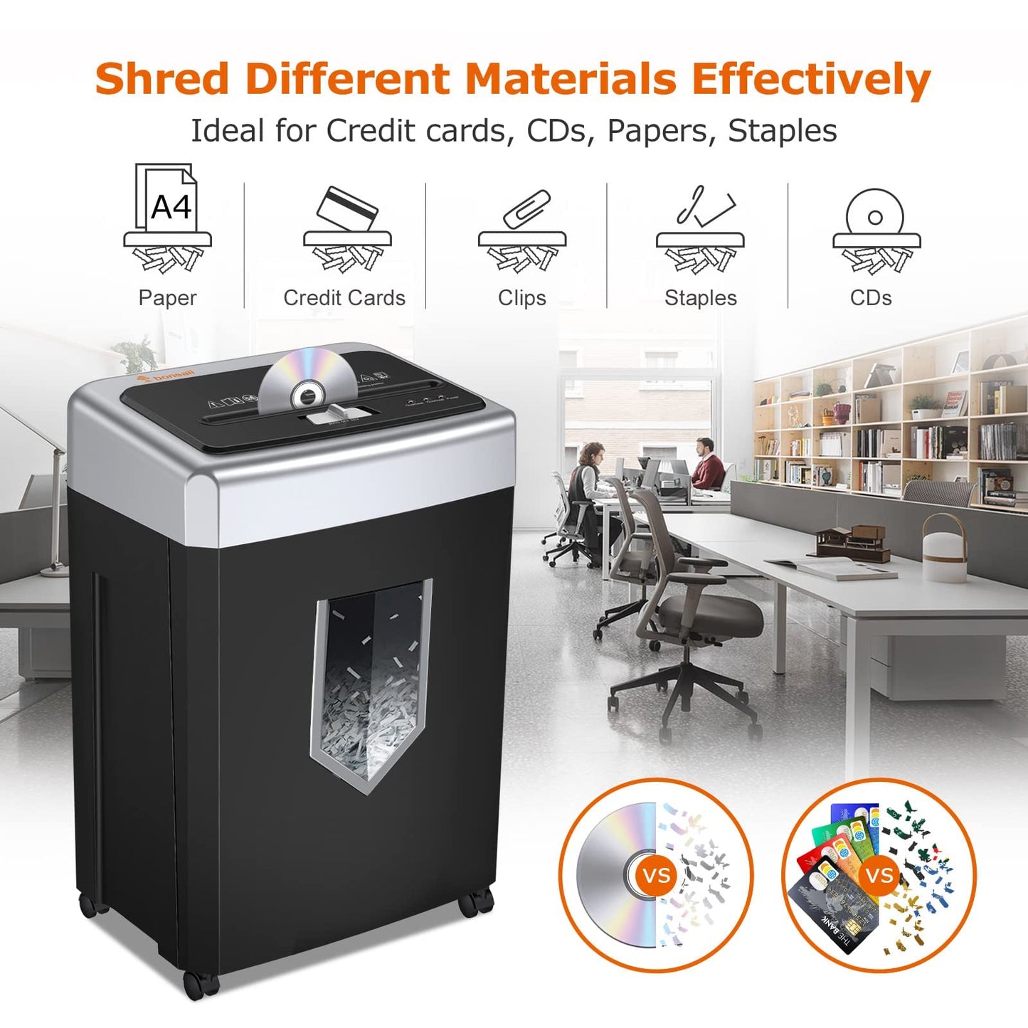 Bonsaii 15-Sheet Cross Cut Paper Shredder for Office, Heavy Duty Shredder for CD/Card, 30-Minute Working Time, 60dB Quiet Shredder with Jam Proof System, 18L Pullout Bin, C169-B (Overall Packaging)
