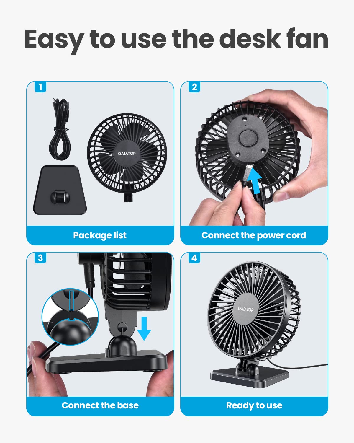 - Gaiatop USB Desk Fan | Small But Powerful | Portable Quiet 3 Speeds Wind Desktop Personal Fan -