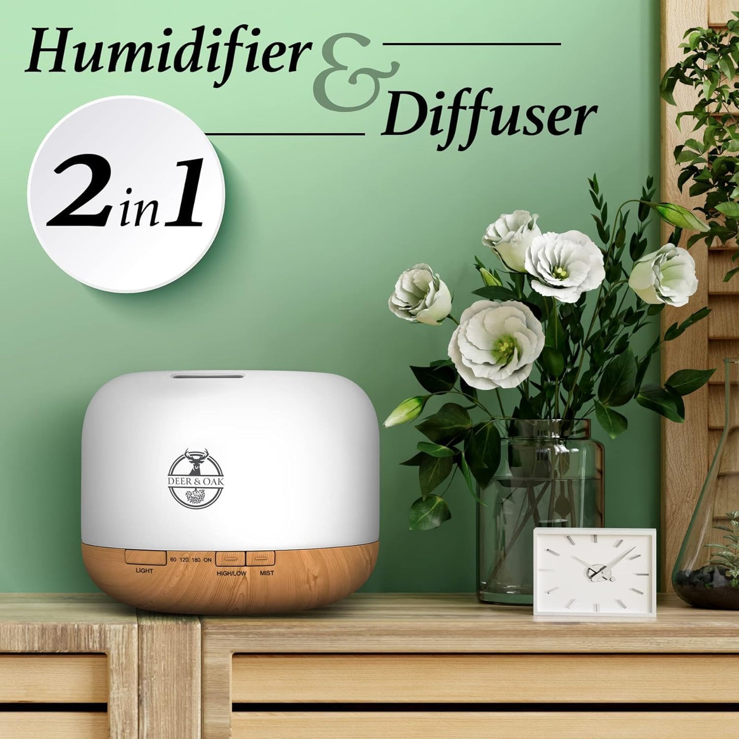 Deer & Oak - 500ml Aromatherapy Diffuser Humidifier - Essential Oil Diffusers For Home - Air Humidifiers - 7 LED Light Colours - Remote Control - Timer & Auto Empty Shutdown - Aroma Air Diffuser
