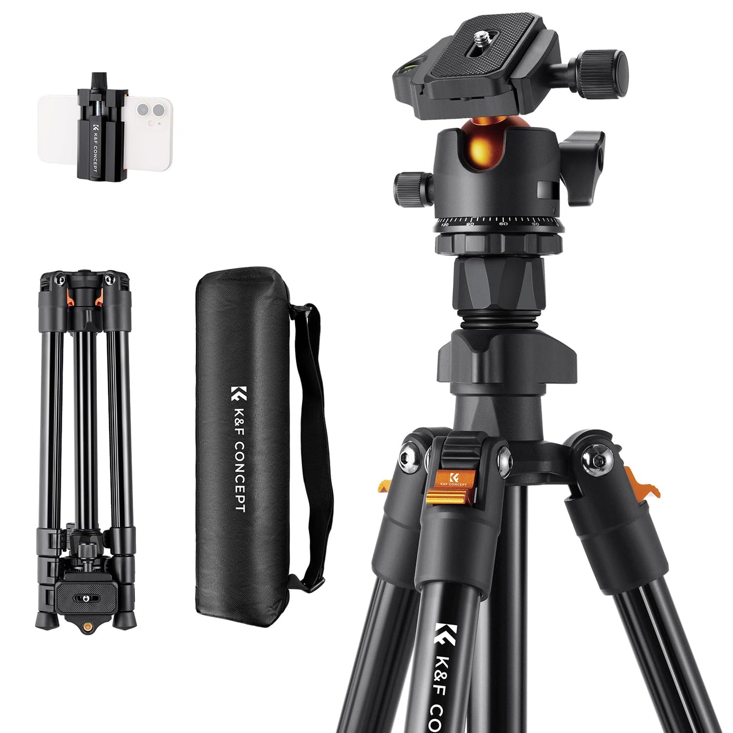 - K&F Concept 64 inch/163cm Camera Tripod | Lightweight Aluminum Travel Outdoor Tripod | Ball Head Load Capacity 20kg/44lbs -