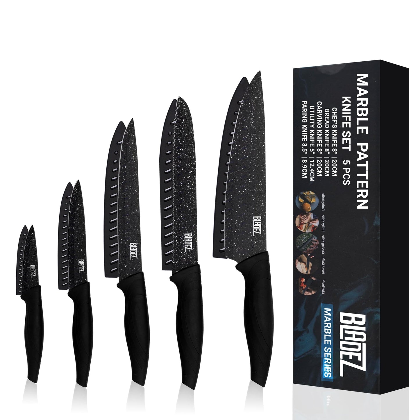 Bladez Professional Kitchen Knife Set, 5 Pcs Stainless Steel Kitchen Knives Set with Ultra Sharp Blade and Soft Handle, Includes Chef, Bread, Carving, Utility and Paring Knife, All in a Gift Box