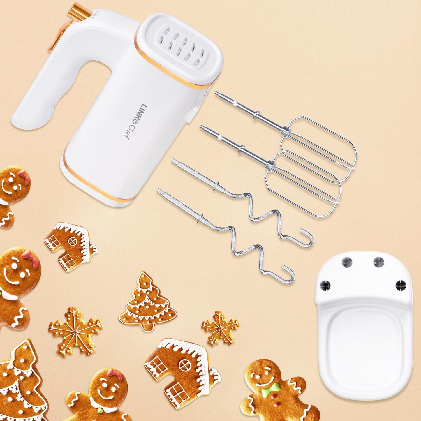 - LINKChef Anti-Splash Hand Mixer Electric Whisk with Storage Base | 5-Speed White Electric Hand Whisk for Baking | 450W -